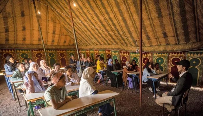 Children walk to Tent School in Morocco quake zone